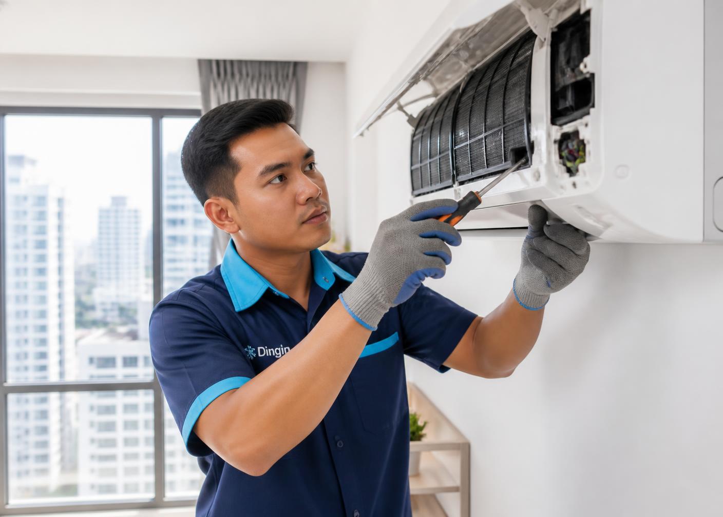 Teknisi ServiceAC.id berseragam memperbaiki AC split di apartemen Jakarta