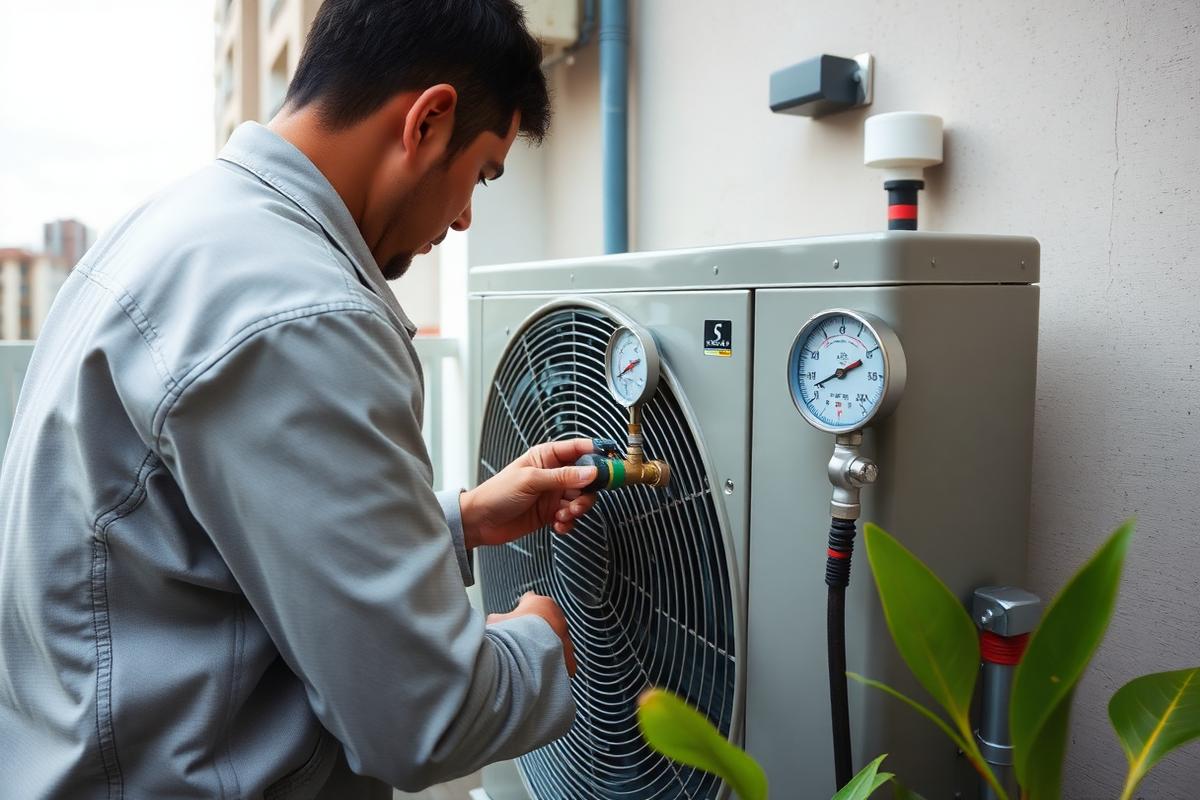Pengecekan tekanan freon pada unit outdoor apartemen