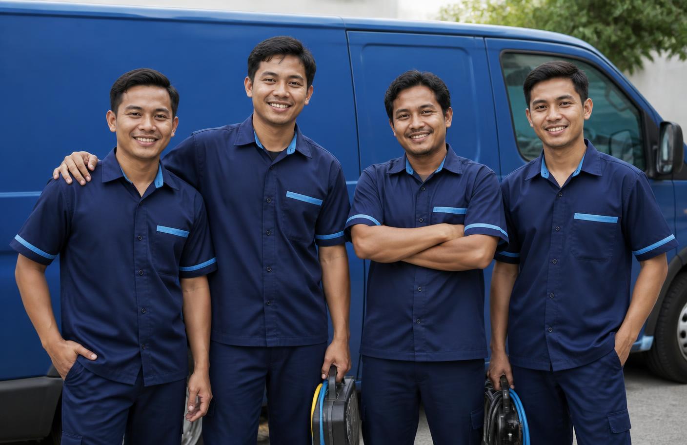 Tim teknisi ServiceAC.id berseragam di depan mobil operasional